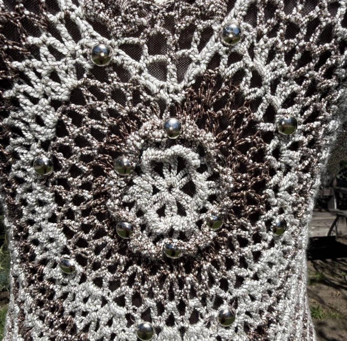 Vtg Y2K Alberto Makali Crochet Knit Mesh Layered Top Brown Metallic Medallion M