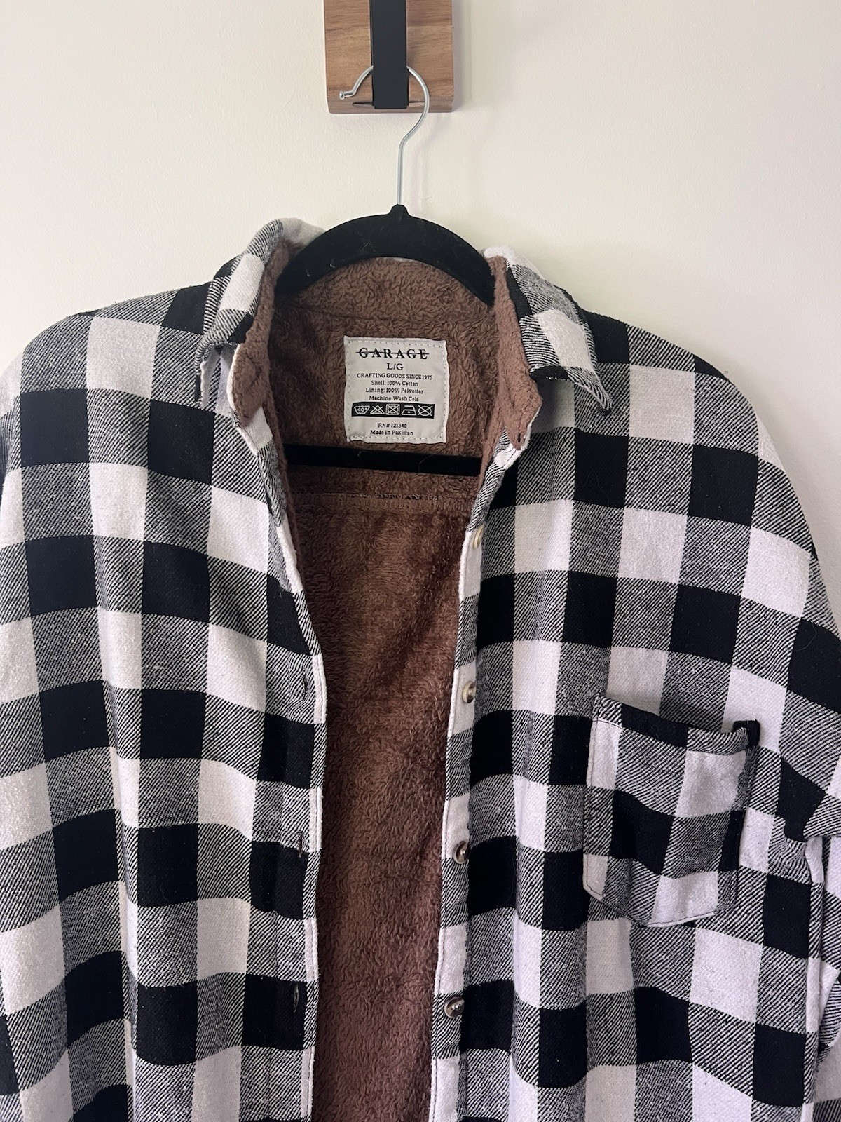 Garage Black/White Plaid Flannel Button-Up Shirt Jacket Lined Pockets L
