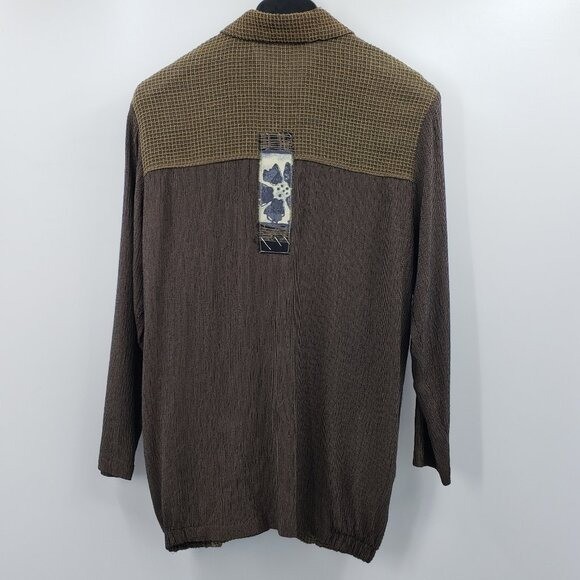 Vtg K.d. Spring Button Up Tunic Shirt Size S Brown Artsy Lagenlook Patch Detail