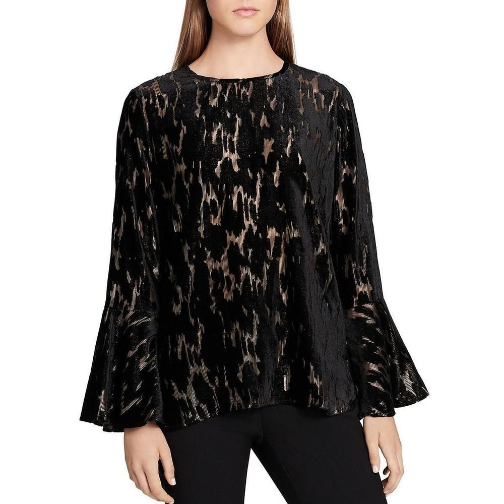 CALVIN KLEIN Metallic Velvet Burnout Long Bell Sleeves Top Blouse, XS Black