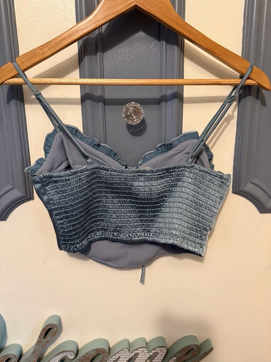 Altar’d State Blue Satin Corset Crop Top with Tie Front