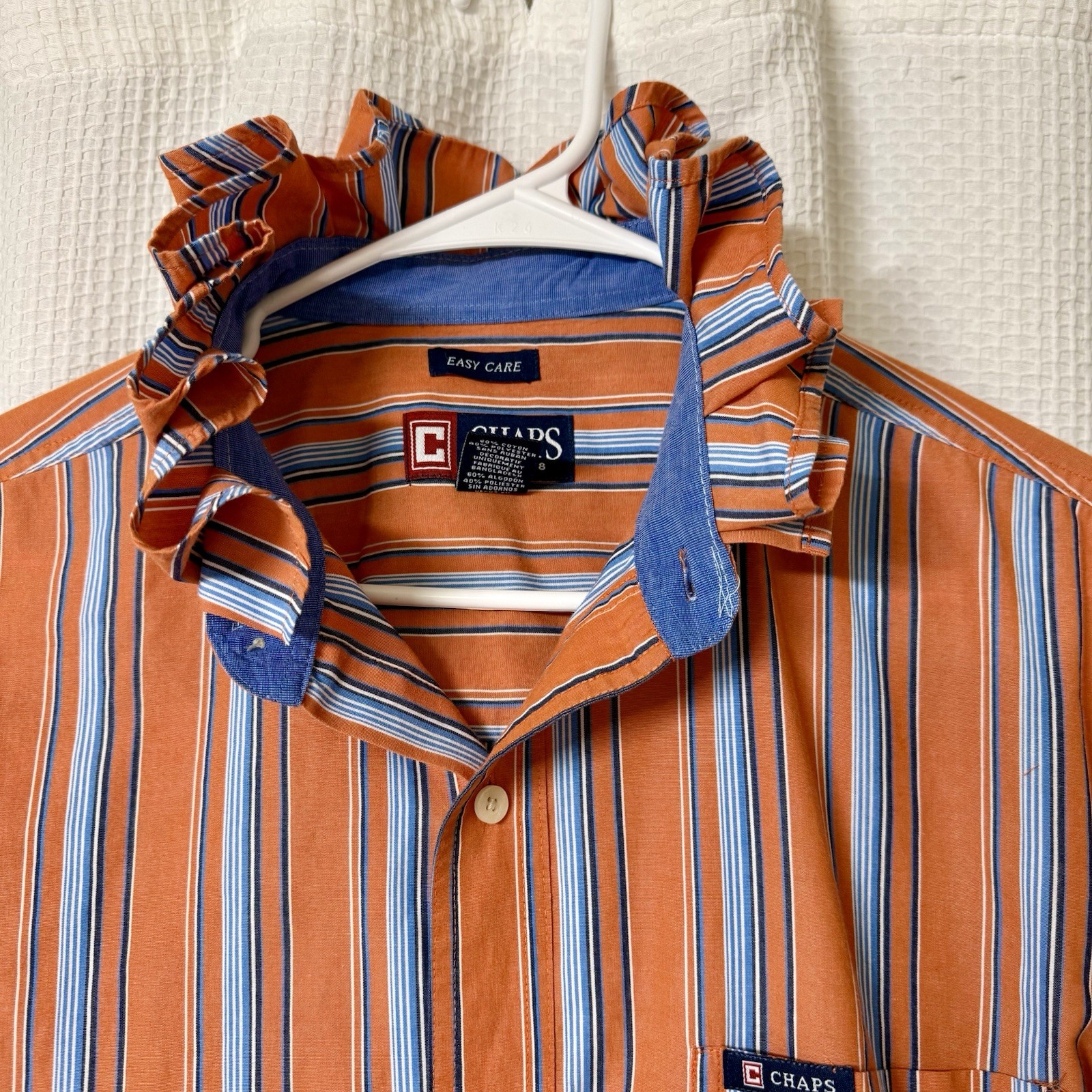 Chaps Men’s Dress Shirt Upcycled Into Women’s Blouse W/ Ruffle Orang Blue Stripe