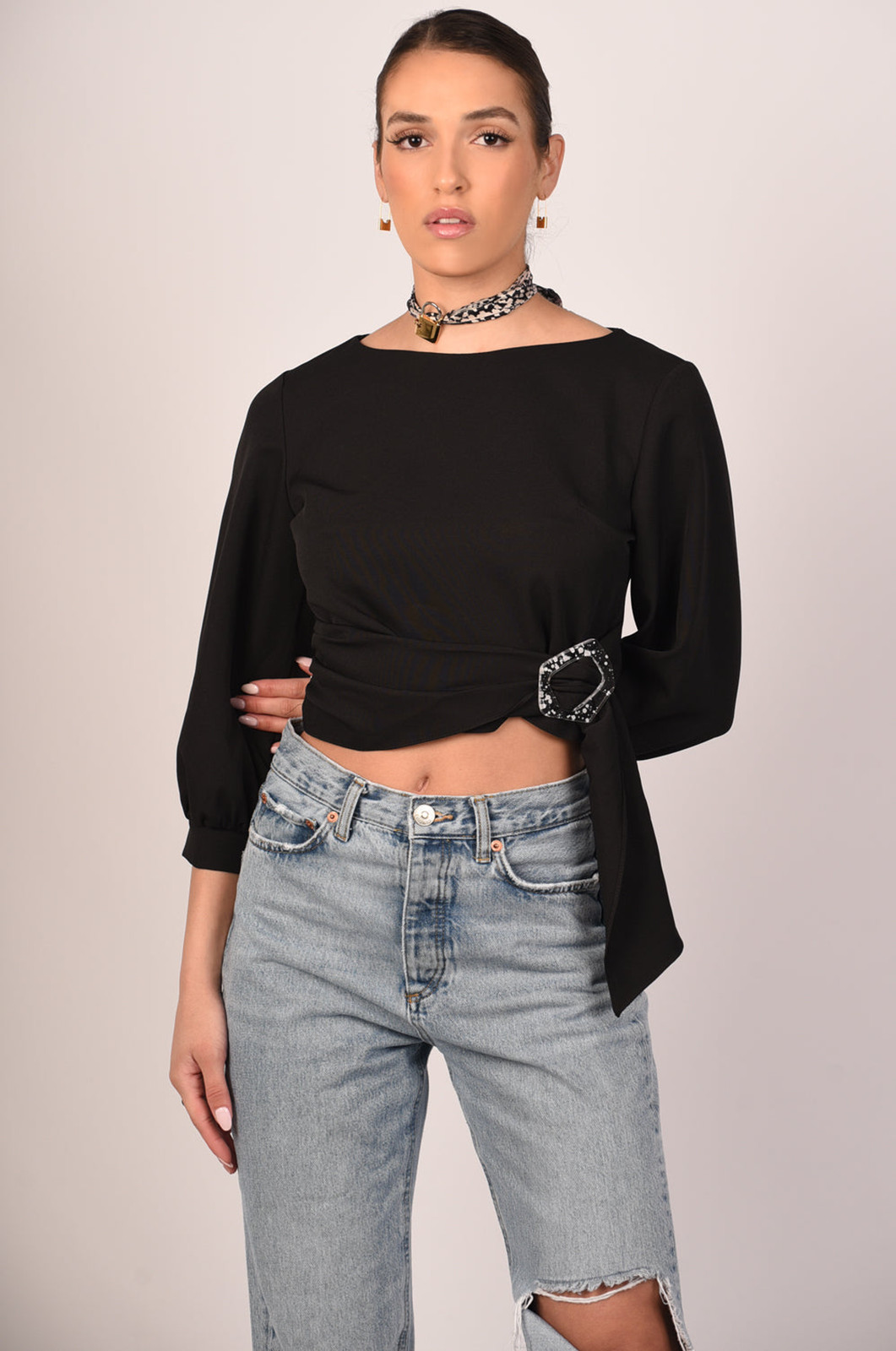 Alessia Cropped Blouse Black Geometric Sequin Bishop Sleeve Crop Top Large