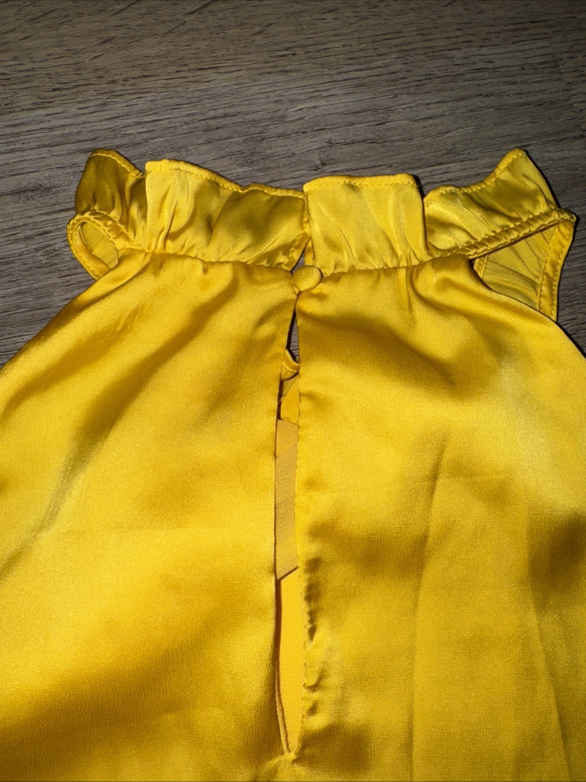 White House Black Market Sleeveless Canary Yellow Ruffle Satin Blouse Mock Neck