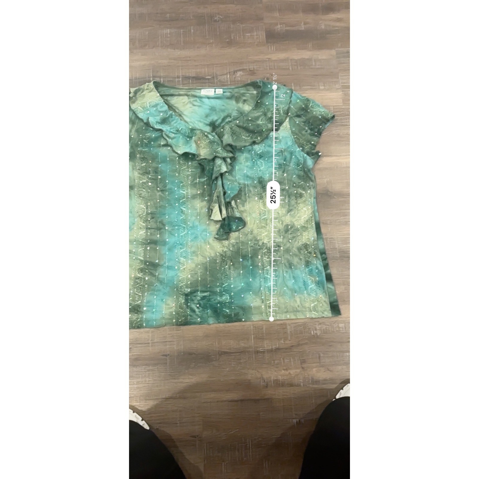 CATO WOMAN Green Tie Dye Sequin Ruffle Blouse Y2K XL Fairycore Mermaidcore Boho