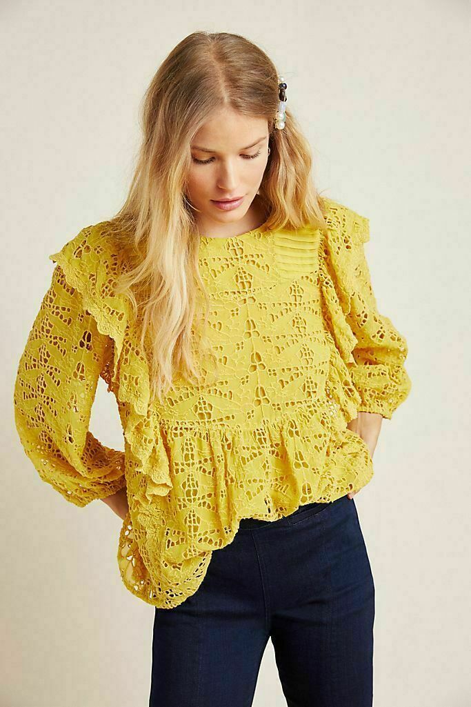 Anthropologie Clementine Blouse Eyelet Ruffle Pullover Puffed Sleeve Top XS US 2