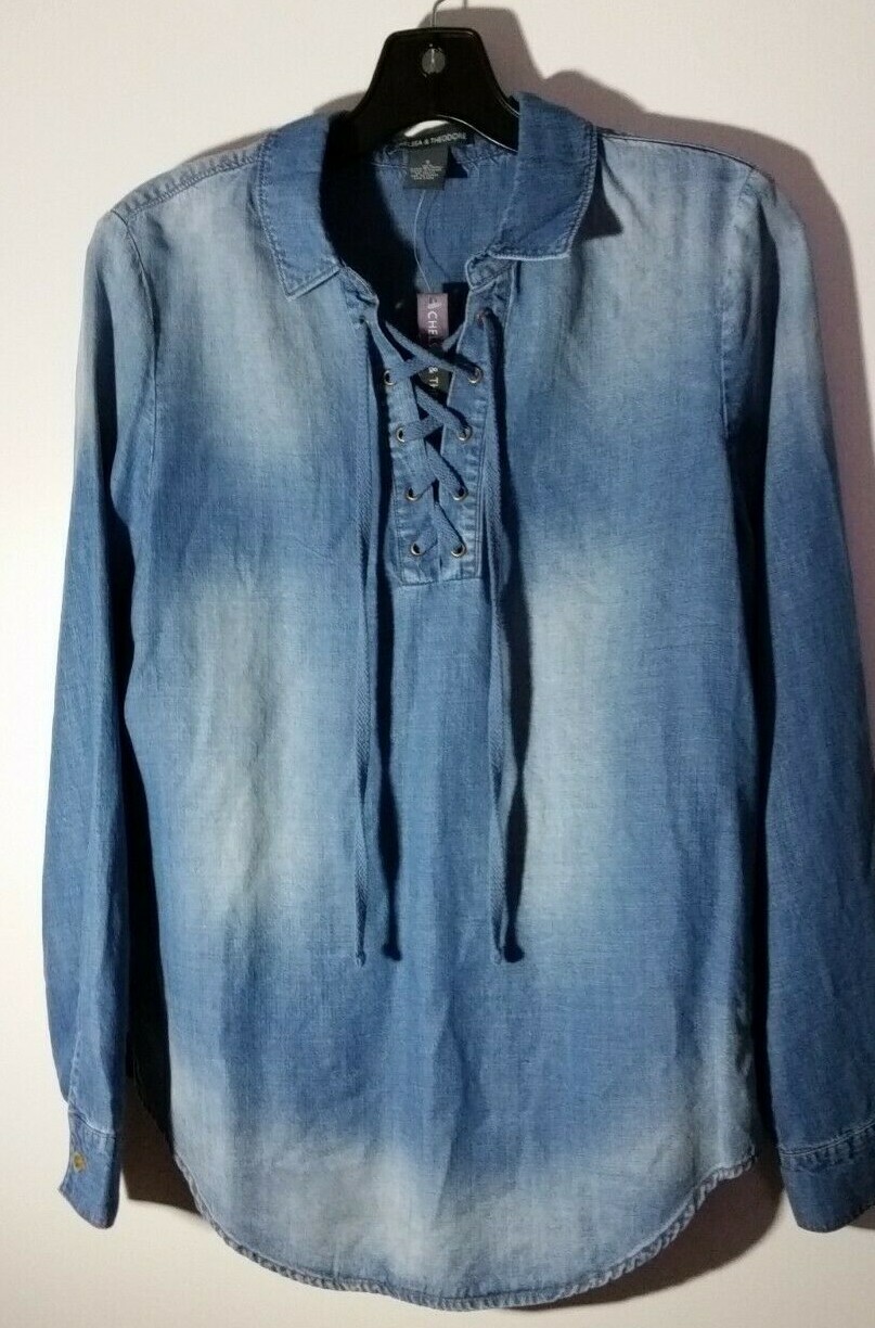 SZ S Chelsea & Theodore blue Tencel Dye Button-Front Shirtdress