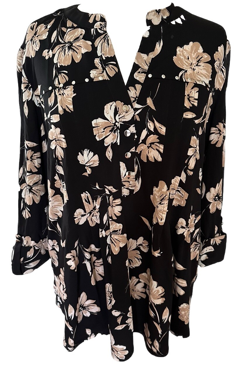 COCOMO Large Black Beige Studded 3/4 sleeve women’s Pintuck Blouse top Tunic