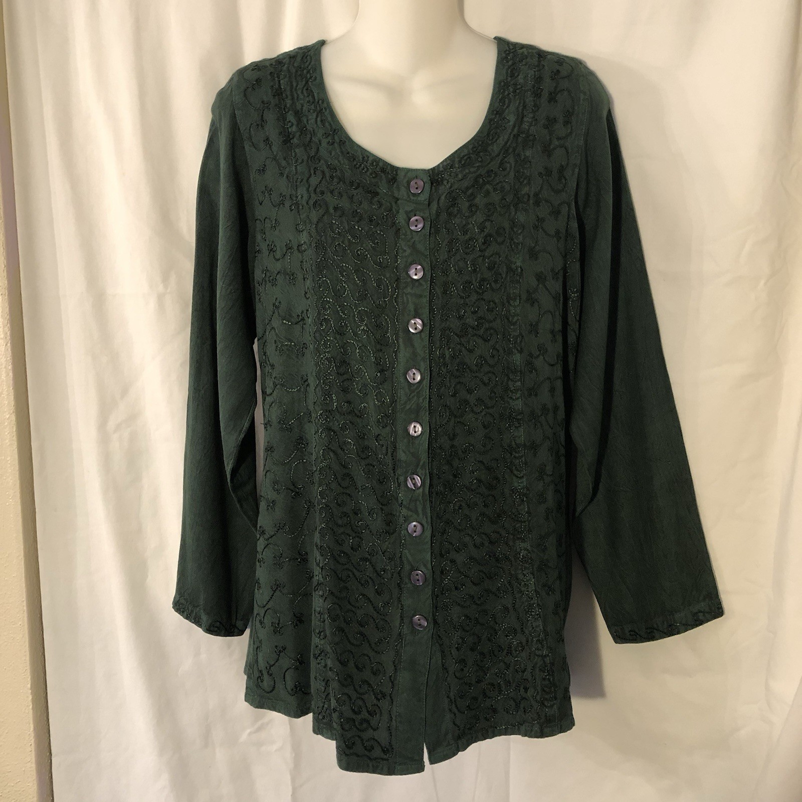 Sakkas Green Embroidered Button Front Round Neck Long Sleeve Rayon Blouse L/XL