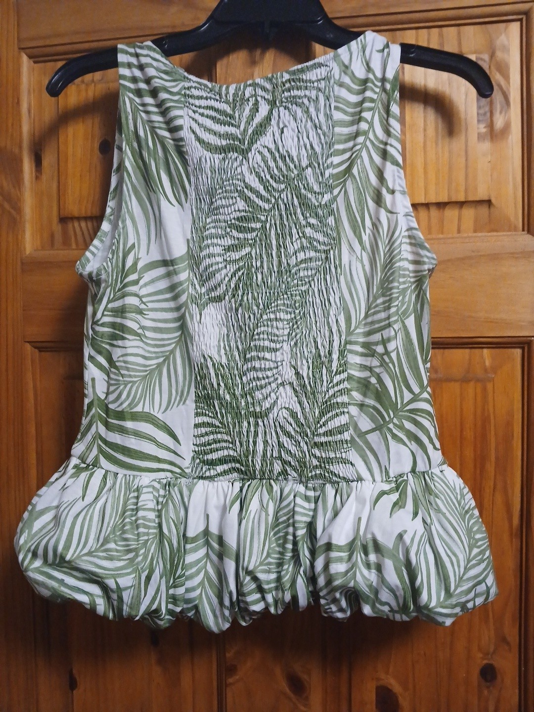 NWT Blush Noir Womens Sleeveless White Green Palm Tropical Balloon Top Size L