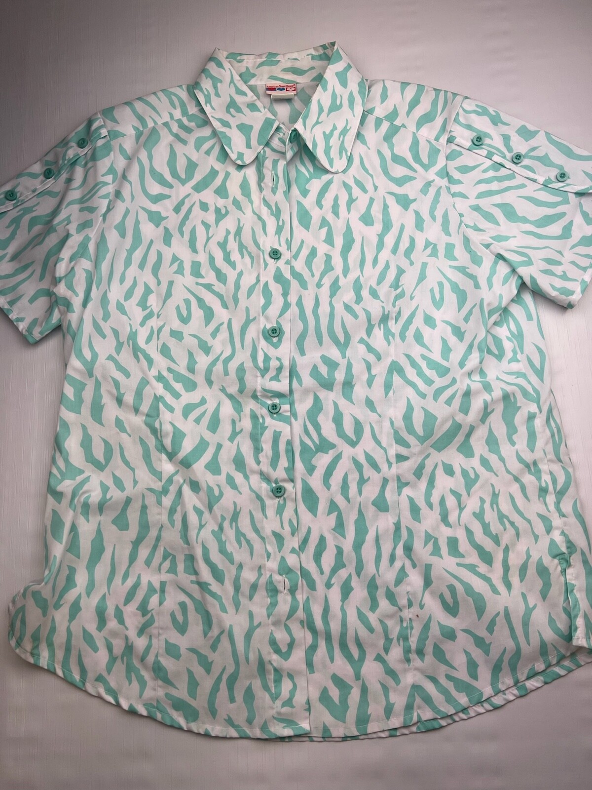 American Sweetheart Women’s Size M Medium Teal Button Up Short Sleeve Shirt VTG