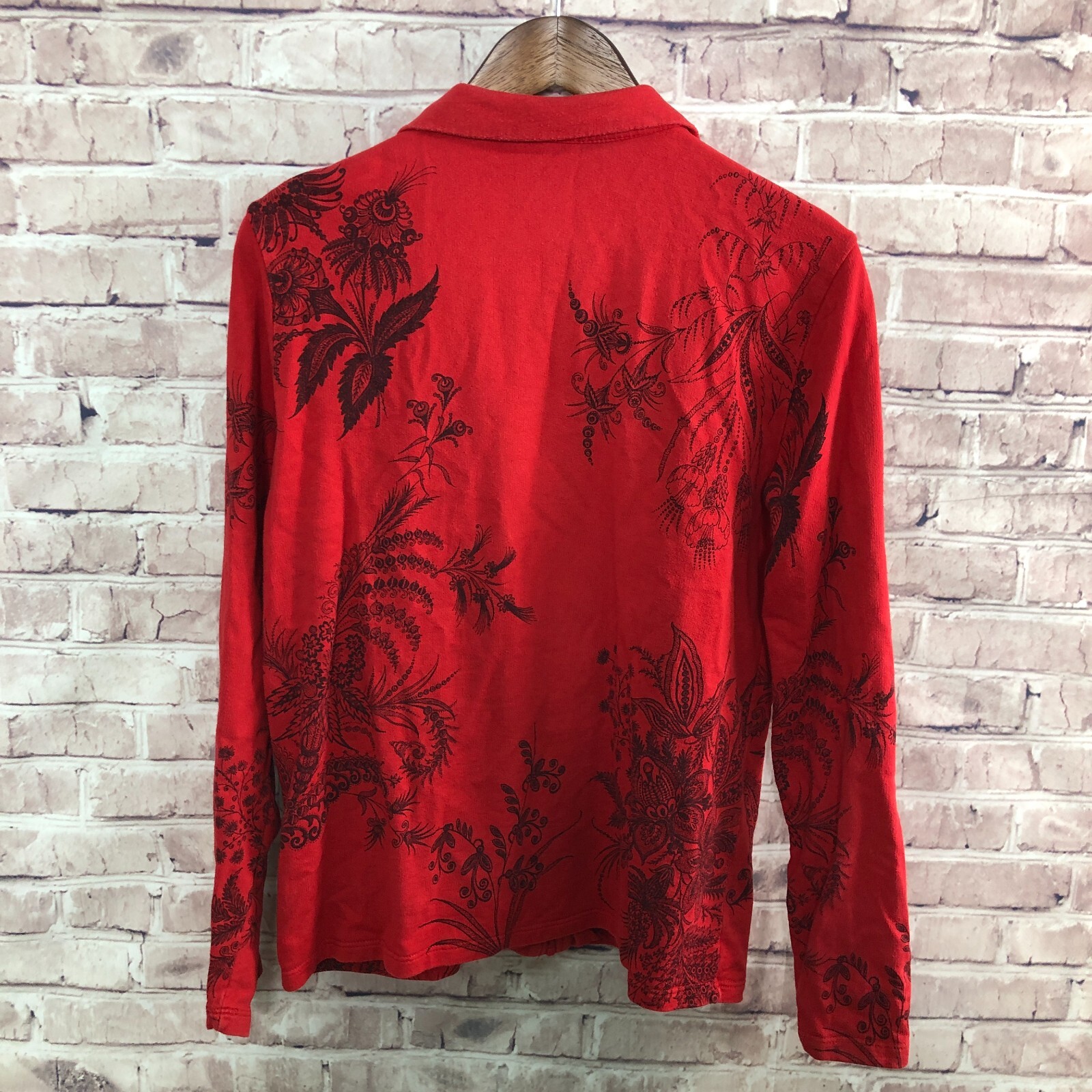 Jess & Jane Top Jacket Women Large Red Black Full Zip Rhinestone Zipper Floral