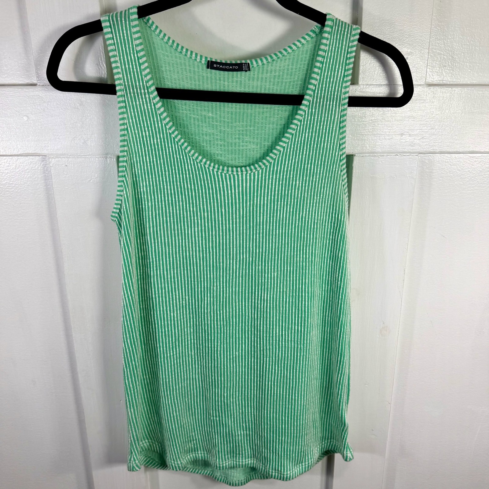 Staccato Green White Stripe Ribbed Knit Tank Top Sleeveless Casual Size S
