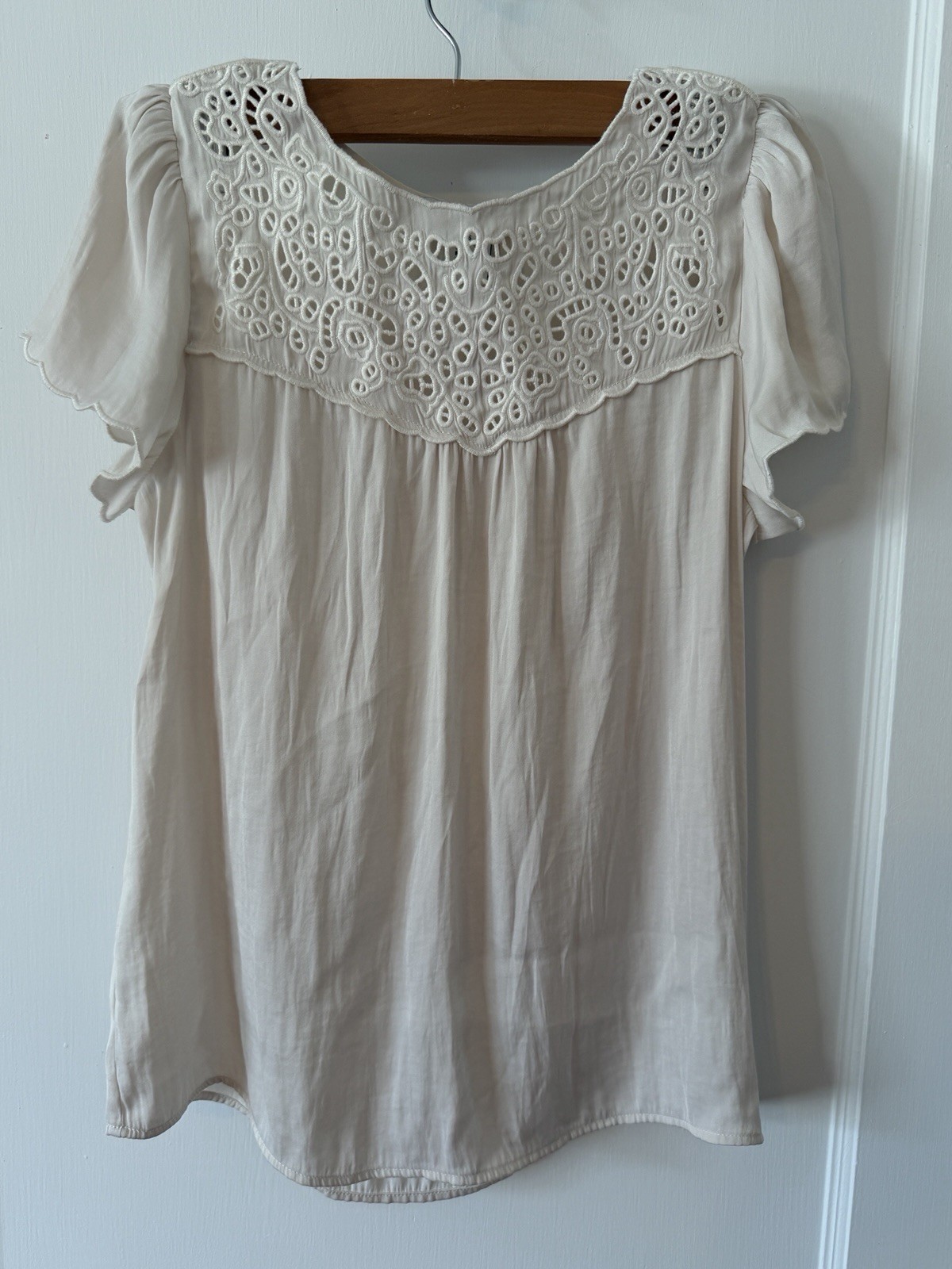 Rachel Zoe Ivory White Sheer Crochet Lace Blouse Boho Peasant Beachy Cottage XS