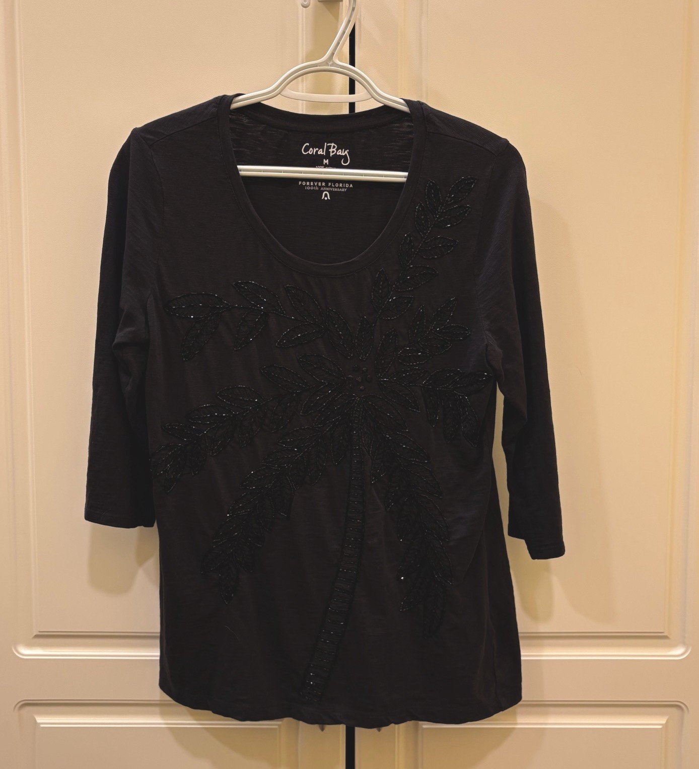 Coral Bay Embellished Black Top 3/4 Sleeve Size Med Sparkly Beaded Palm Tree
