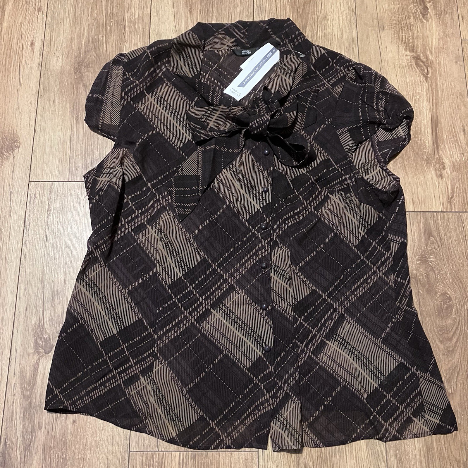Marks And Spencer Sheer Brown Check Top With Bow Accent BNWT