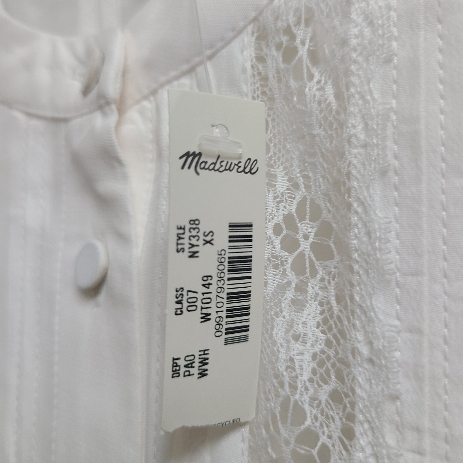 Madewell Lace-Insert Button-Up Long-Sleeve Blouse Winter White XS NEW