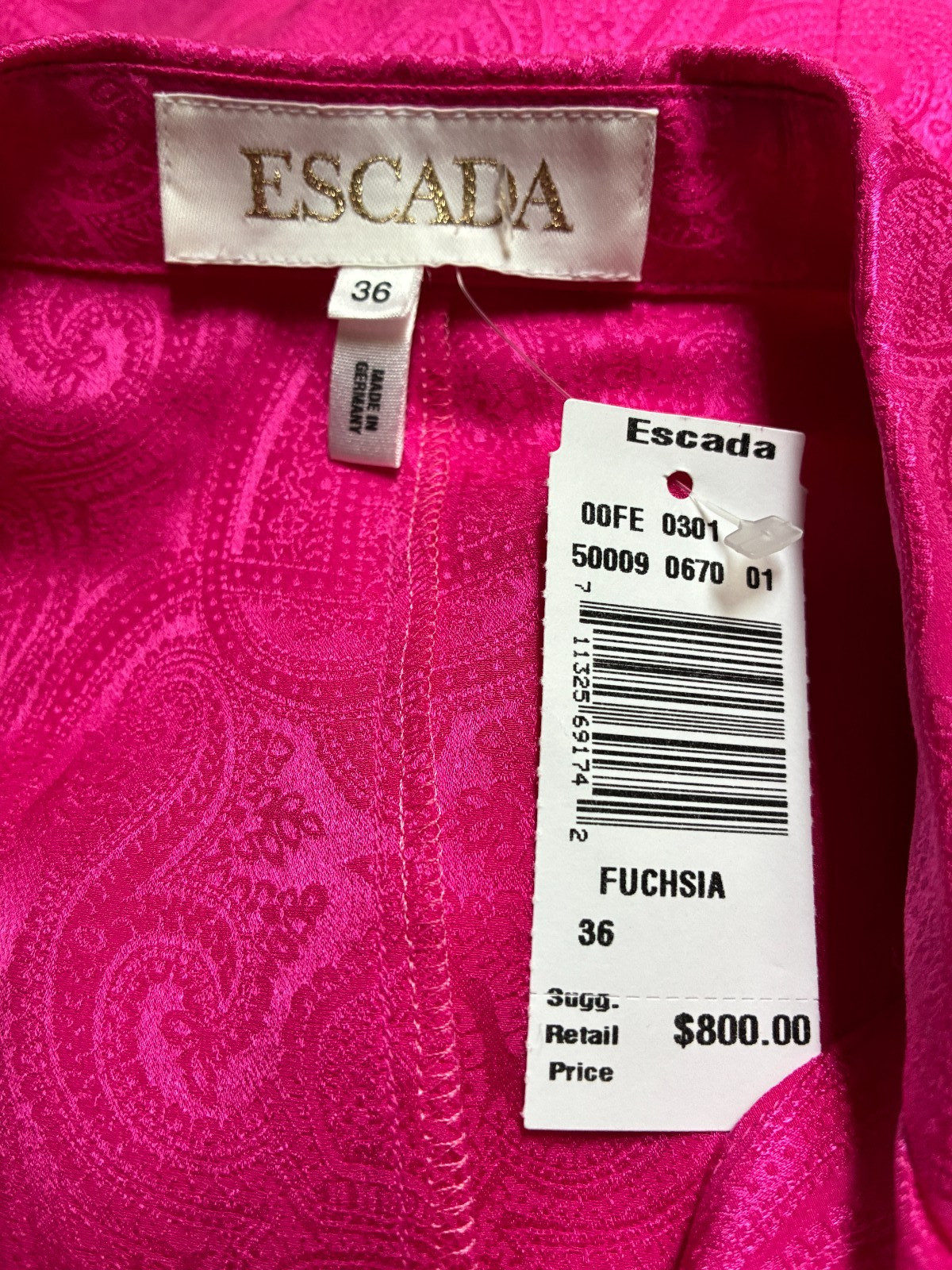 $800 ESCADA SILK BLOUSE IN FUCHSIA FRENCH CUFFS RUFFLED FRONT 36 S-M GERMANY