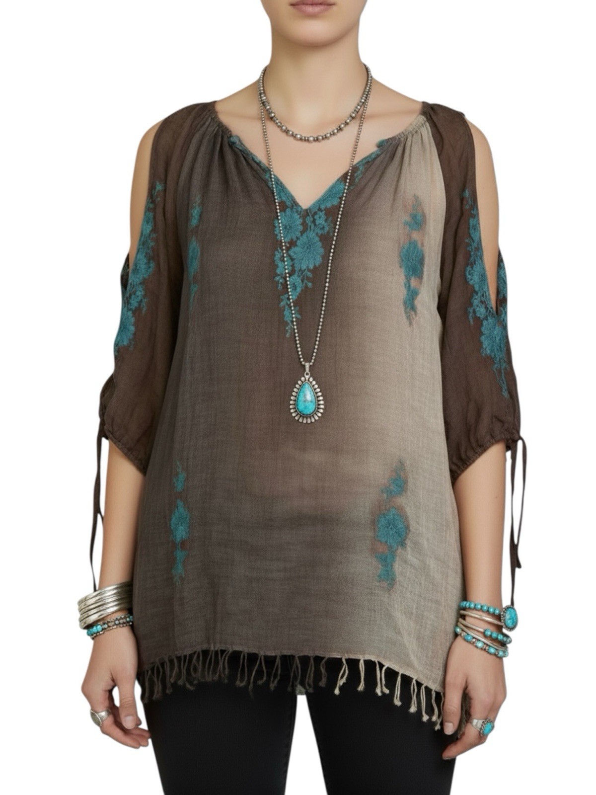 Vanita Rosa Paris Boho Gauze Tunic Fringe Embroidered Cold Shoulder Top L