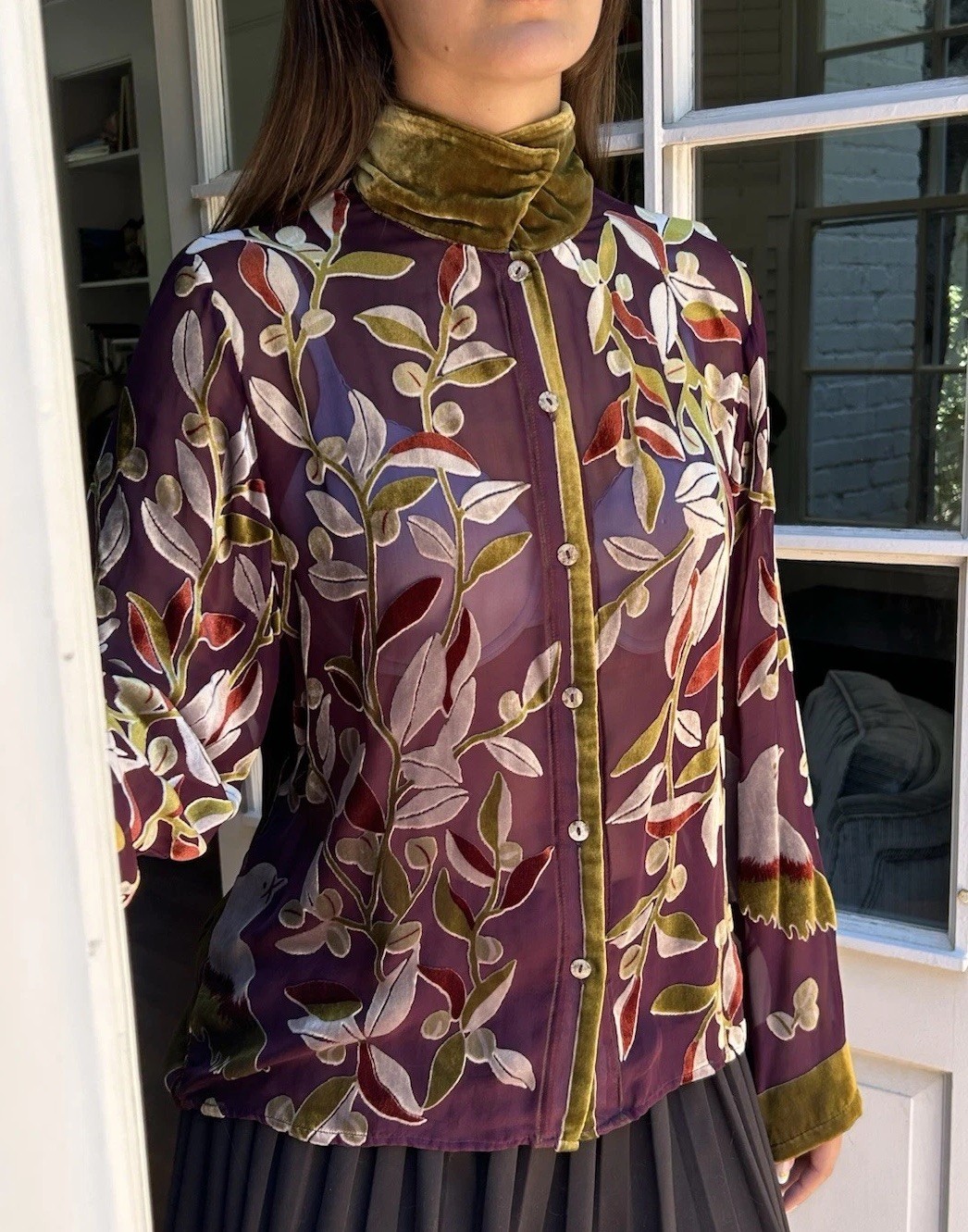 Citron Santa Monica L Rayon Silk Devore Shirt Velvet Collar Sheer