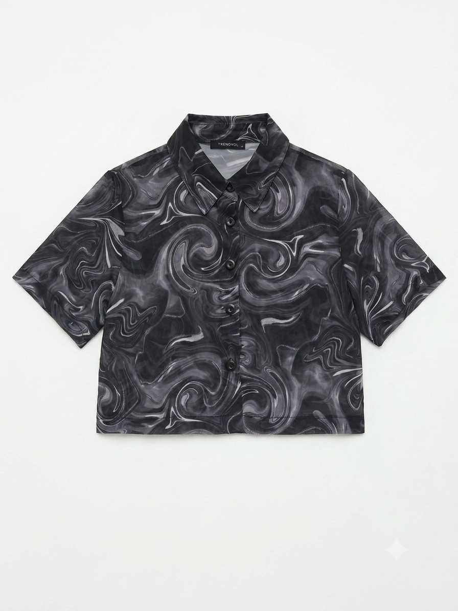 TRENDYOL Women’s Sheer Crop Shirt Blouse Abstract Marble Swirl Button Up Size 38