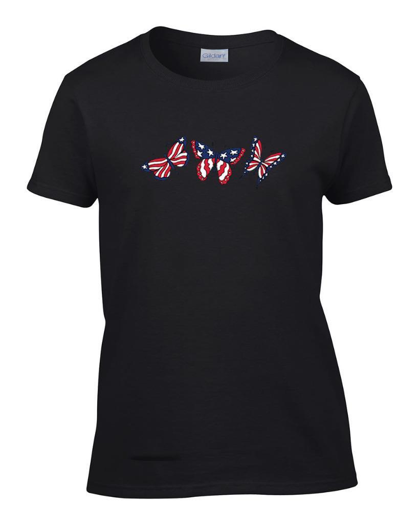 Ladies Flag Butterflies Women’s Patriotic US Flag Butterfly Tee