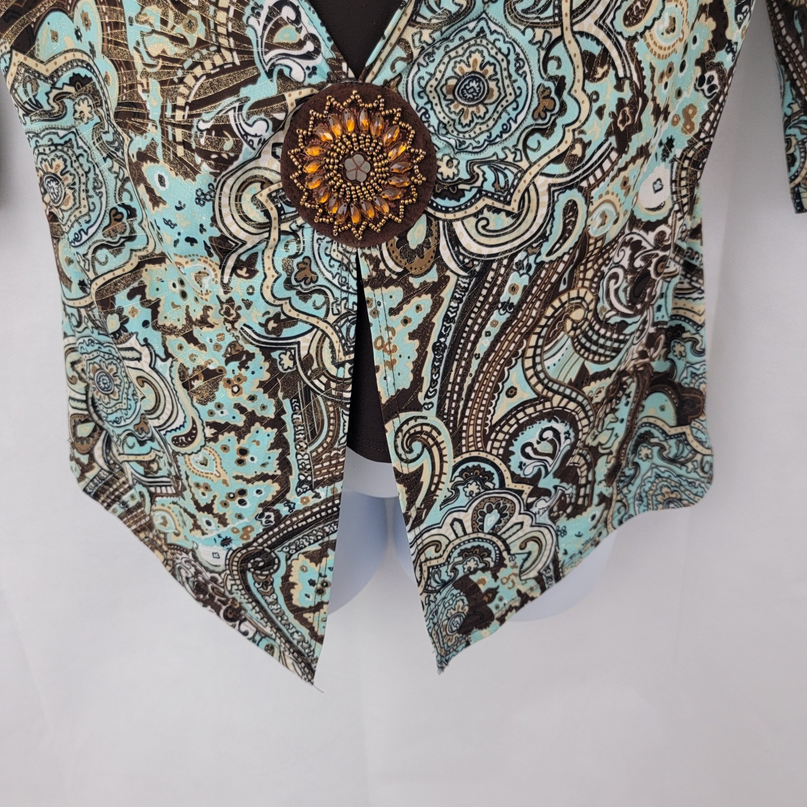 DRESSBARN Womens Top Sz PL Artsy Paisley Layered Stretch Mature Beaded Sparkle
