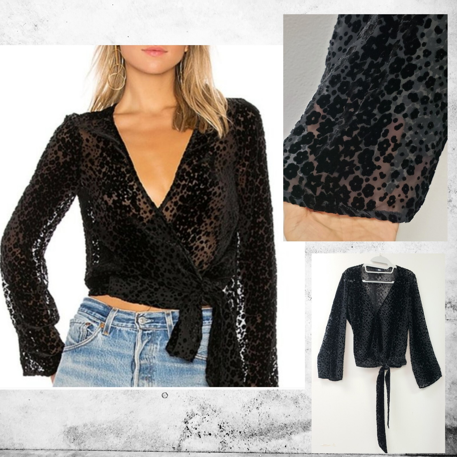 PAIGE Womens Jenna BURNOUT VELVET SILK Wrap BLACK TOP BLOUSE SIZE MEDIUM~M