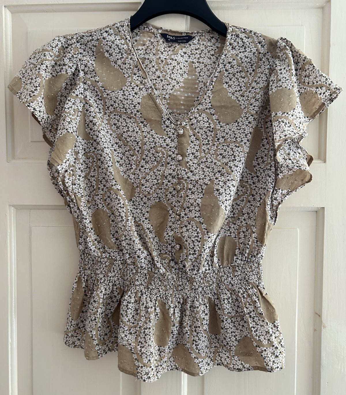 Ladies Marks And Spencer Beige White Pretty Floral Cotton Blouse Size 10