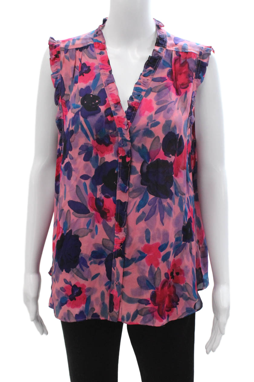 Go Silk Women Floral Silk V-Neck Sleeveless Button Blouse Size L