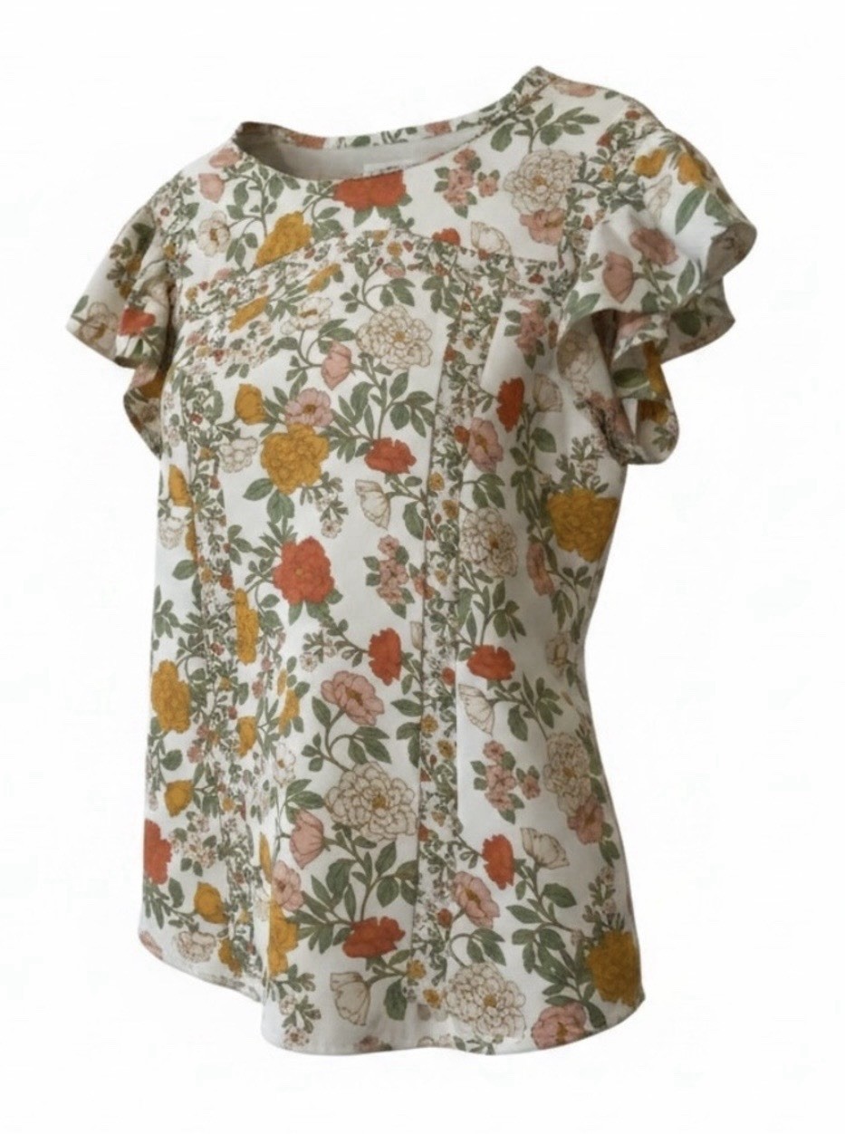 DR2 Blouse Round Neck Short Ruffle Sleeve Floral White Multicolor Polyester M