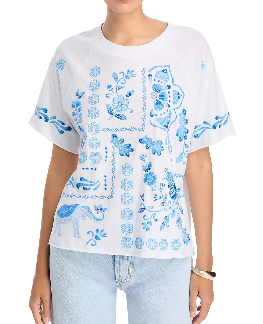 Johnny Was Raw Edge Raglan Boxy Embroidered Tee 100% Cotton ⭐NWT White M $130