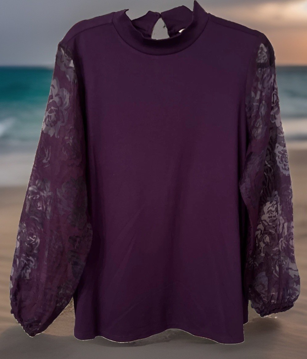 Size 14/16 Dressy Purple Stretch Knit Tunic Top Semi-Sheer Floral Sleeves NWT