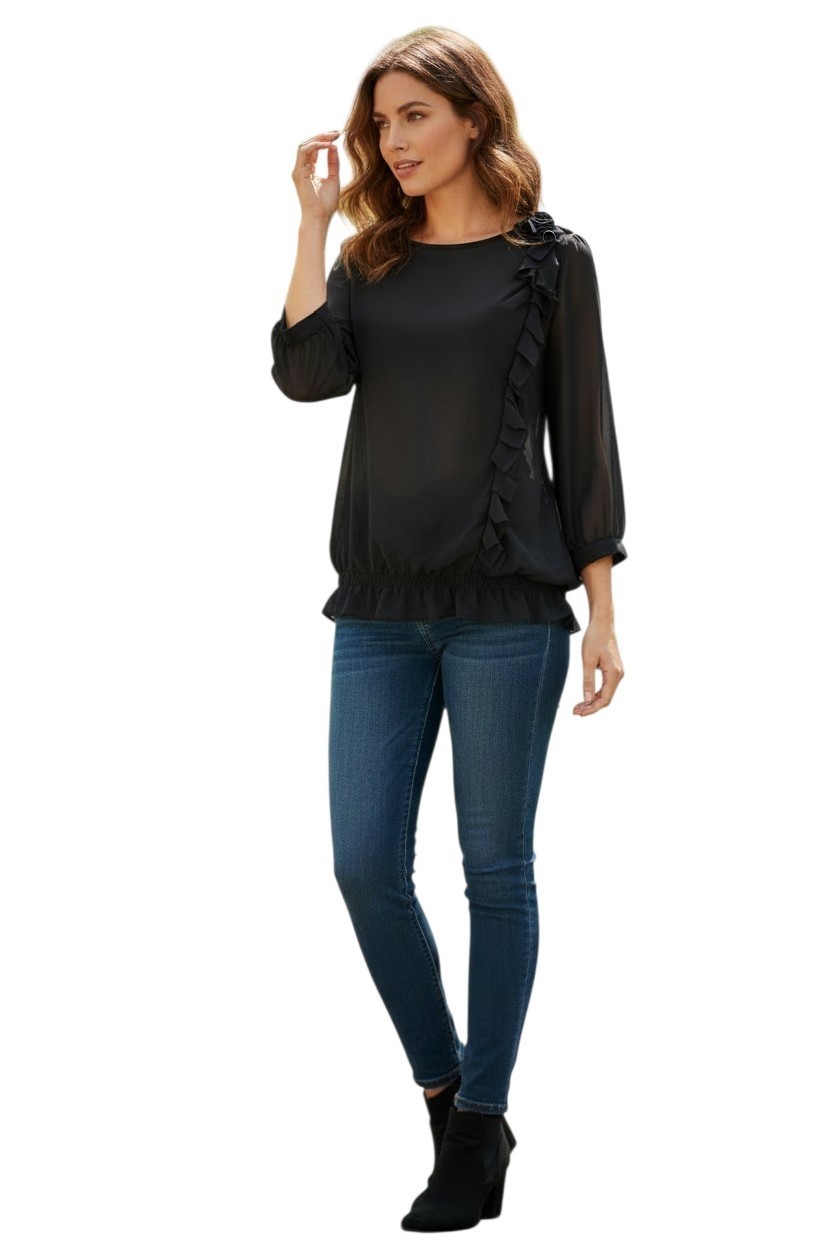 Banana Republic Sheer Top Women’s Small Black 3/4 Sleeve Elastic Waist Ruffle