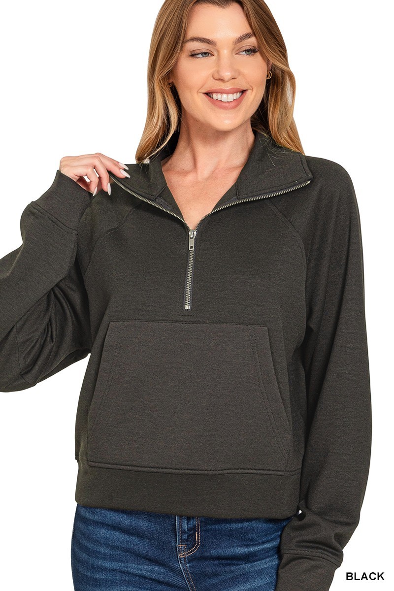 ZENANA BLACK SCUBA HALF ZIP PULLOVER WITH KANGAROO POCKET Fabric So Soft!
