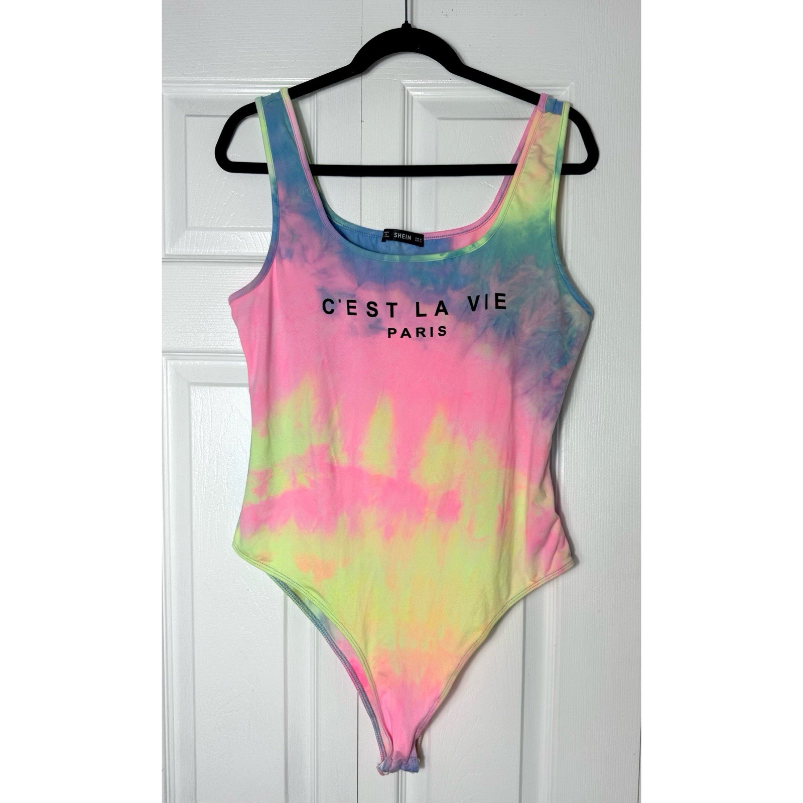 SHEIN C’est La Vie Sorbet Rainbow Tie Dye Verbiage Bodysuit Tank Top Size XL