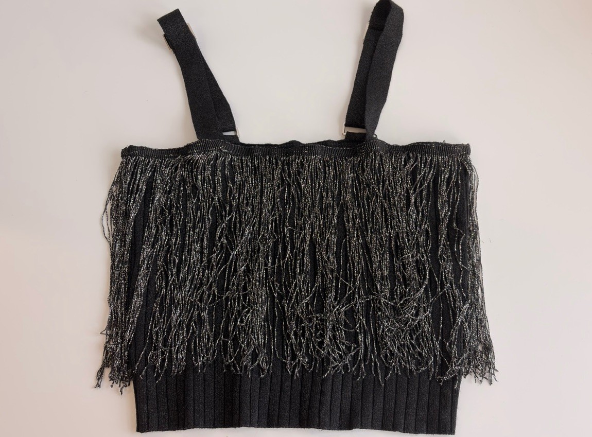Fab’rik Black Silver Metallic Fringed Crop Ribbed Square Neck Tank Top Sz Medium