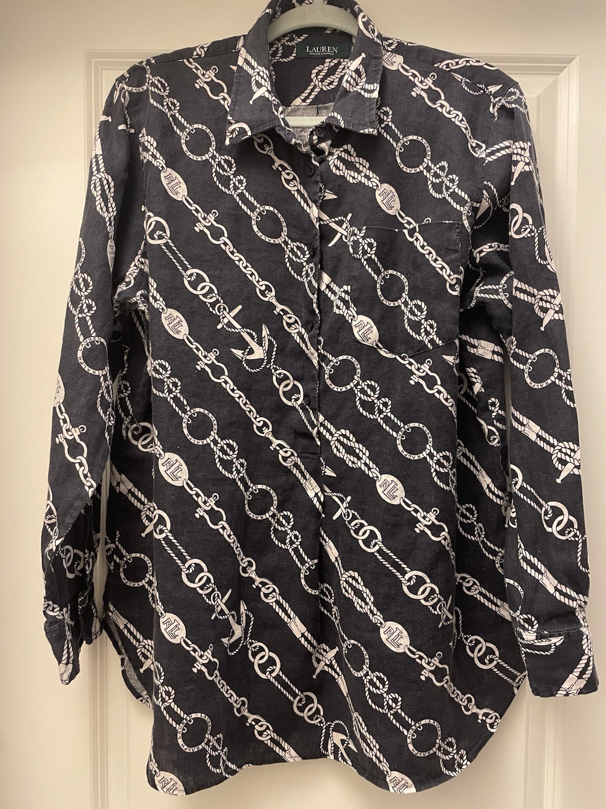 Lauren Ralph Lauren Shirt Nautical Print 1/2 Button Up Linen Navy Blue Womens XL