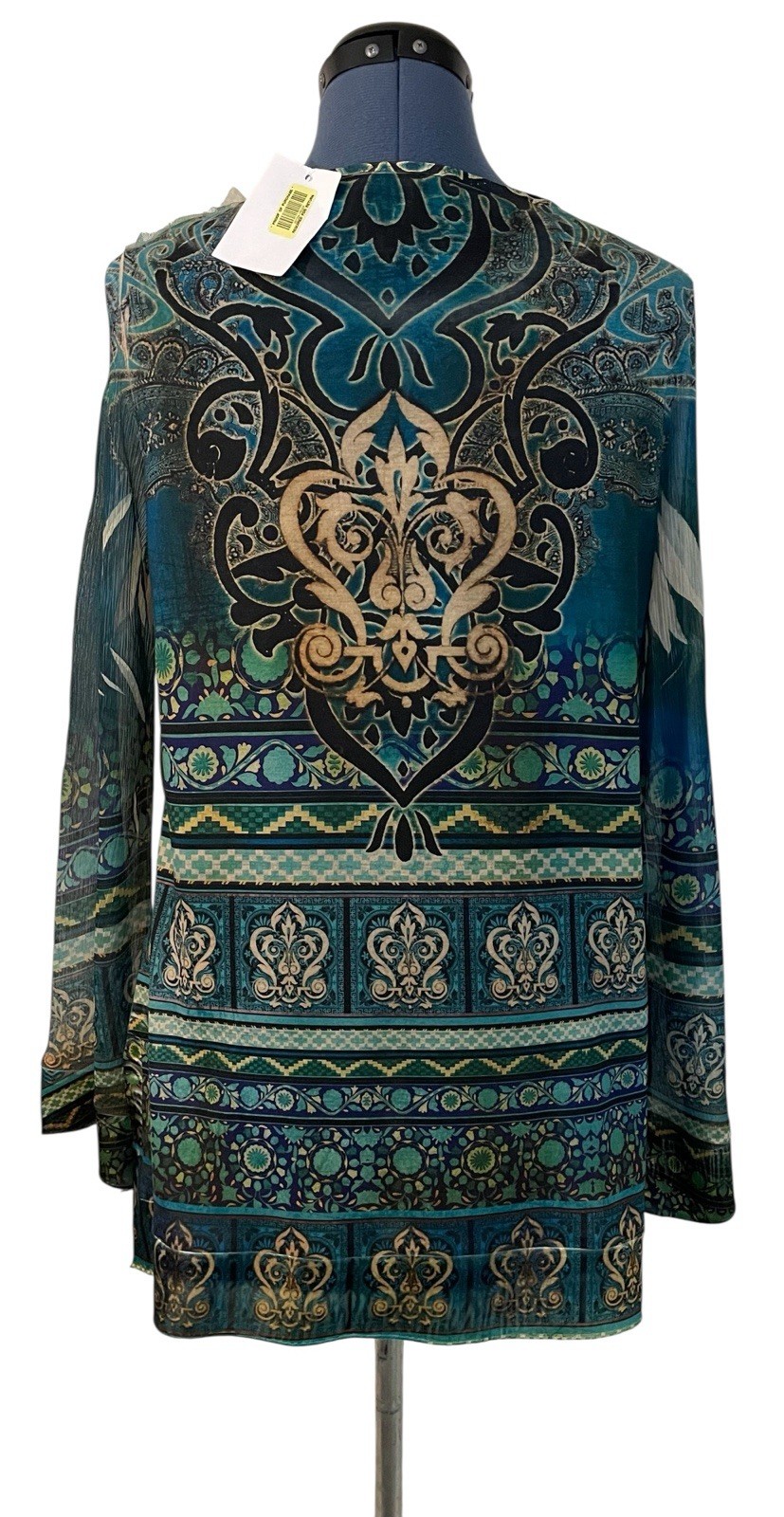 Blue Green Gold Beaded Embroidered Paisley Sheer Sleeve Tunic Festival Fairy XL