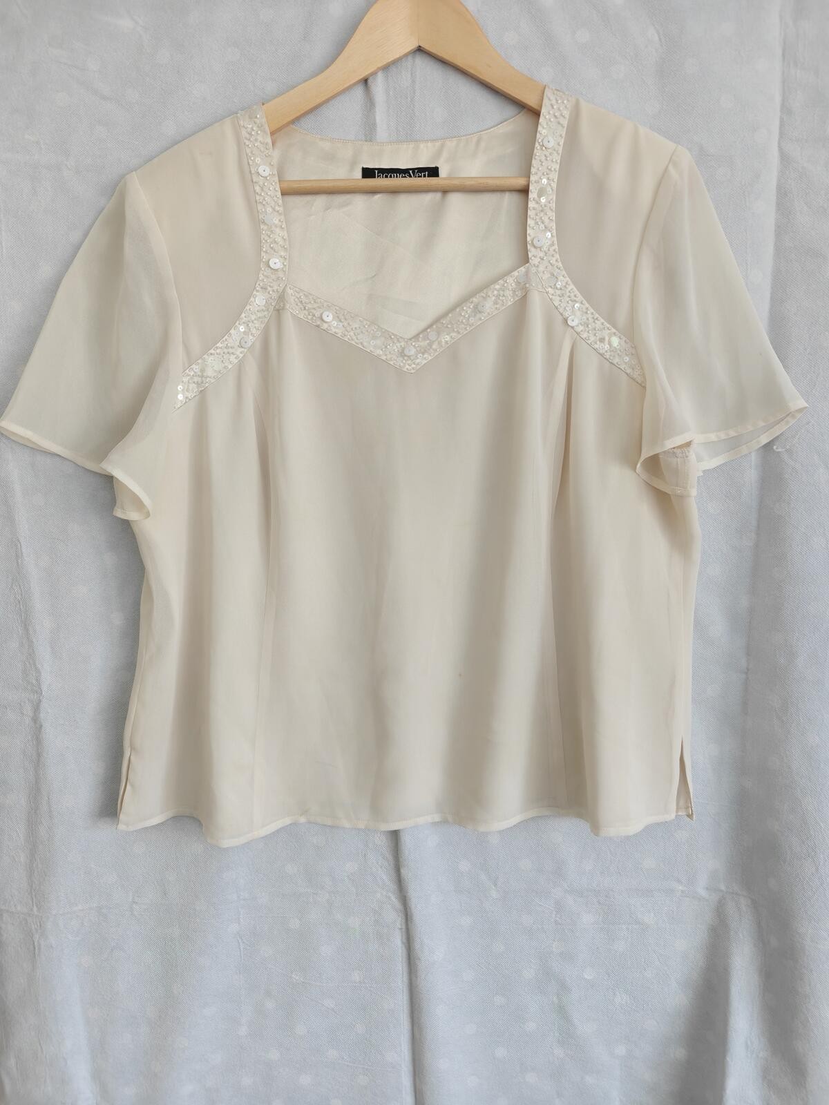 Jacques Vert Cream Short Sleeve Blouse with Embroidered Trim UK 20