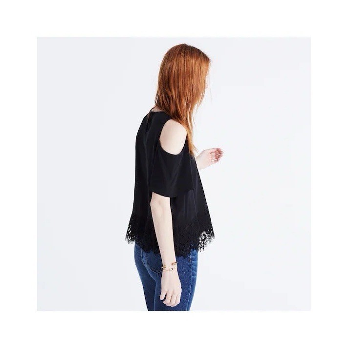 Madewell 100% Silk Cold Shoulder Top Black Lace Trim Women Size M Boho Chic