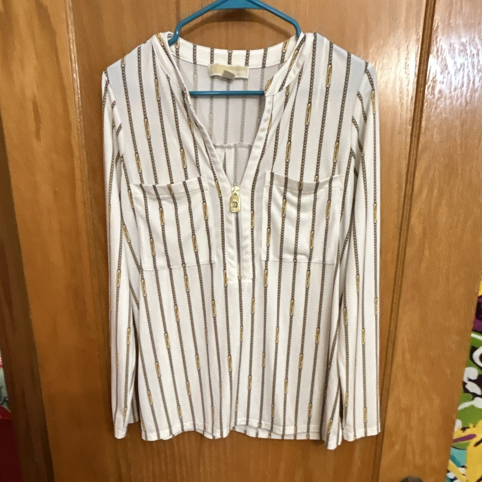 Michael Michael Kors White/Gold/Gray Striped Zip-Front Long Sleeve Blouse M
