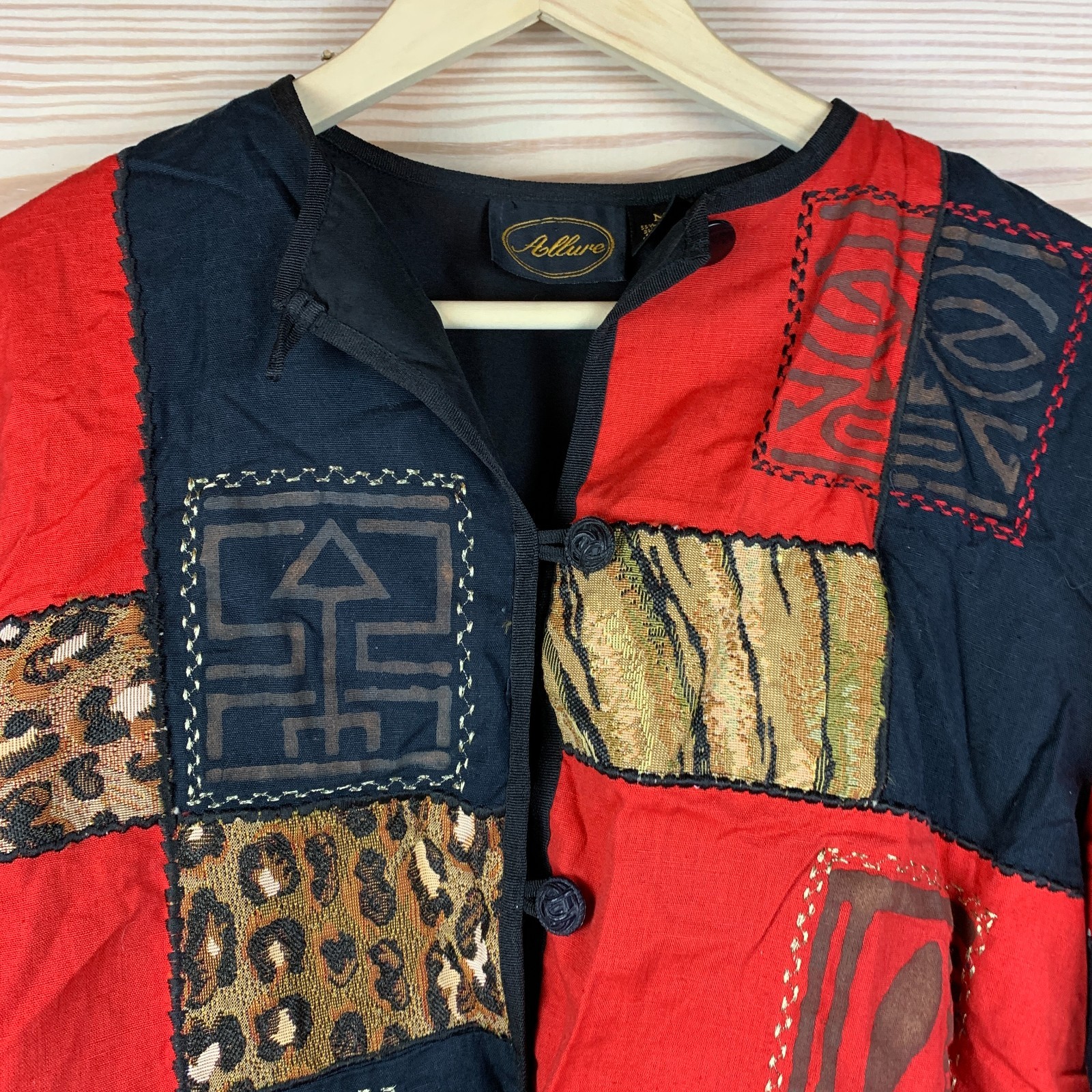 Vtg Allure Jacket Top Women Medium Art To Wear Patchwork Animal Print Toggle