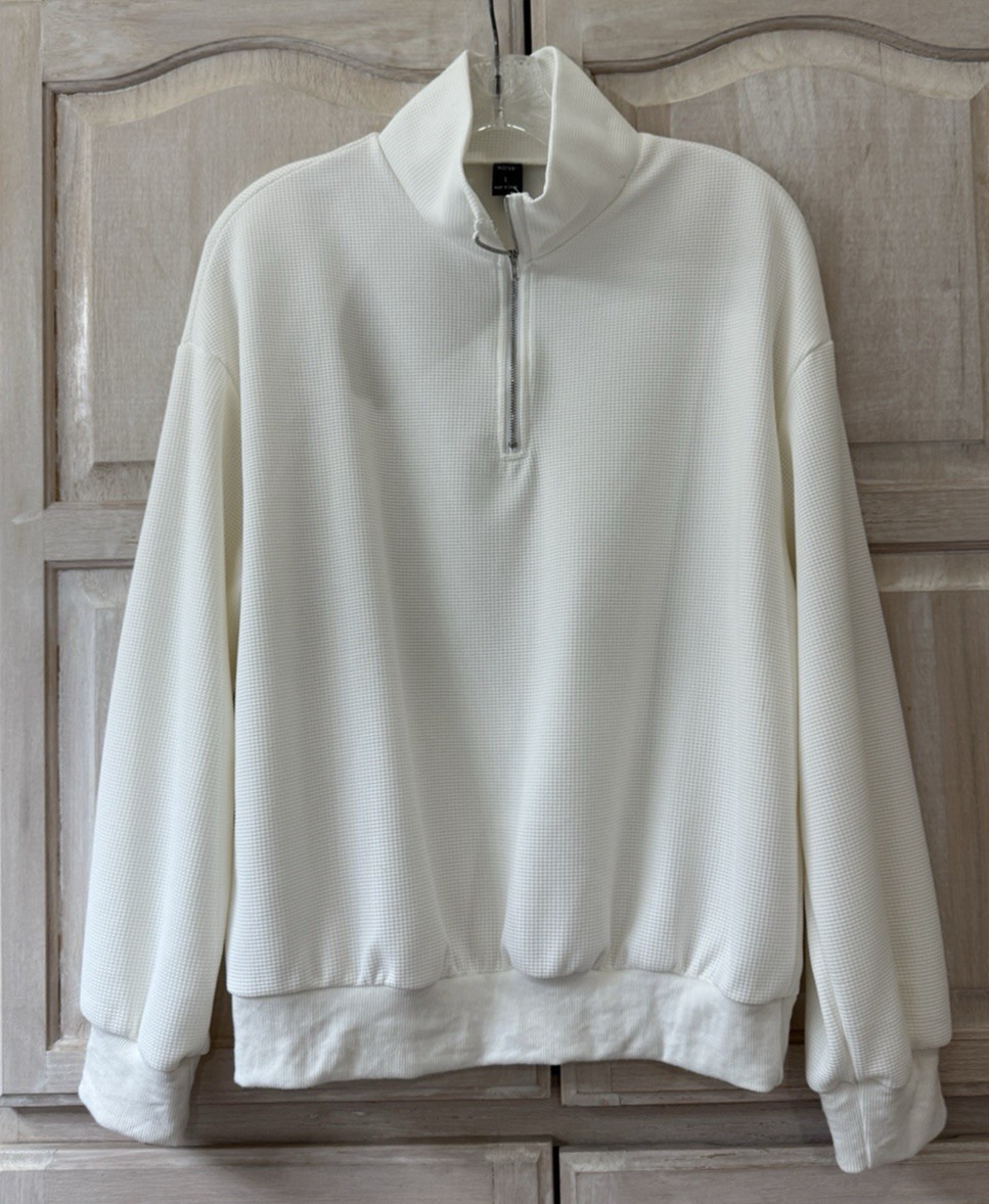 NWOT EMERY ROSE Ivory White Waffle Knit Mock Neck 1/4 Zip Pullover Size Large