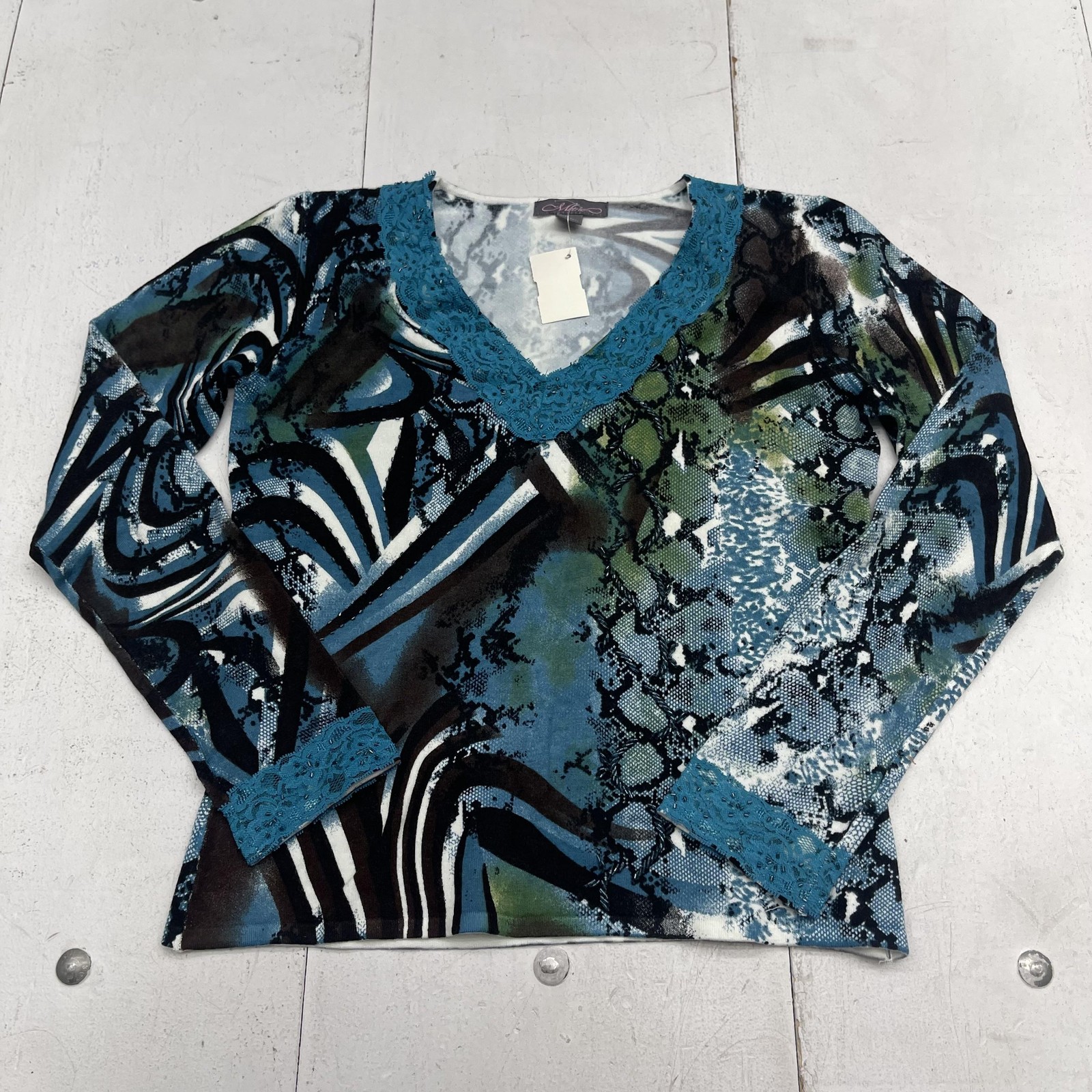 Metric Blouse Womens Large Blue V Neck Long Sleeve Beaded Animal Print Top