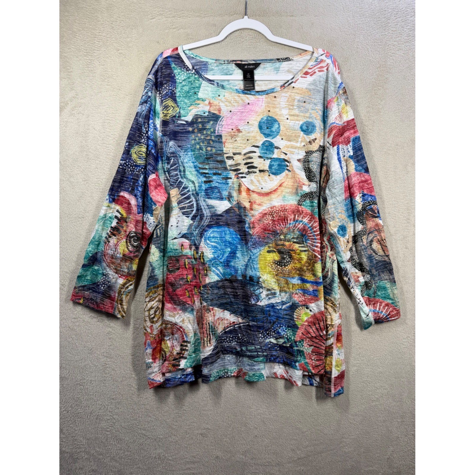 Ali Miles Tunic Top Womens 2X Multicolor Abstract Art To Wear Slub Knit Studded