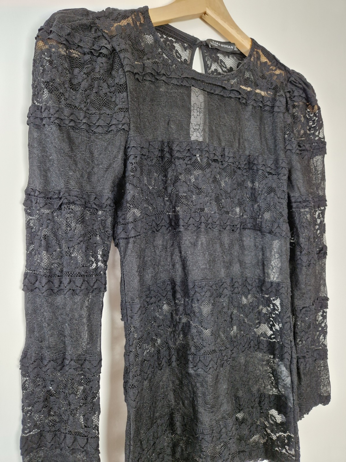 Black Lace Ruffle Shoulder Gothic Boho Blouse Zara Woman Sheer Top 8 Romantic