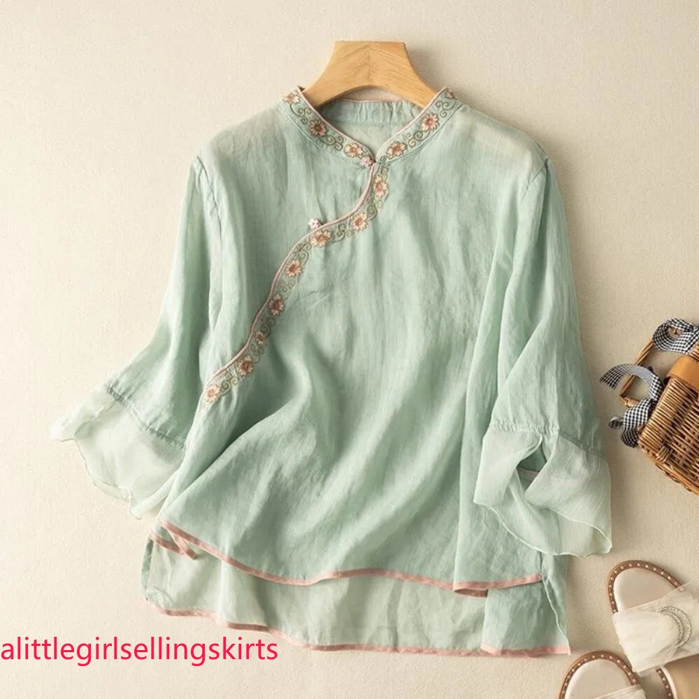 Women Embroidered Floral Top Chinese Ethnic Shirt Blouse Casual Loose Thin Chic