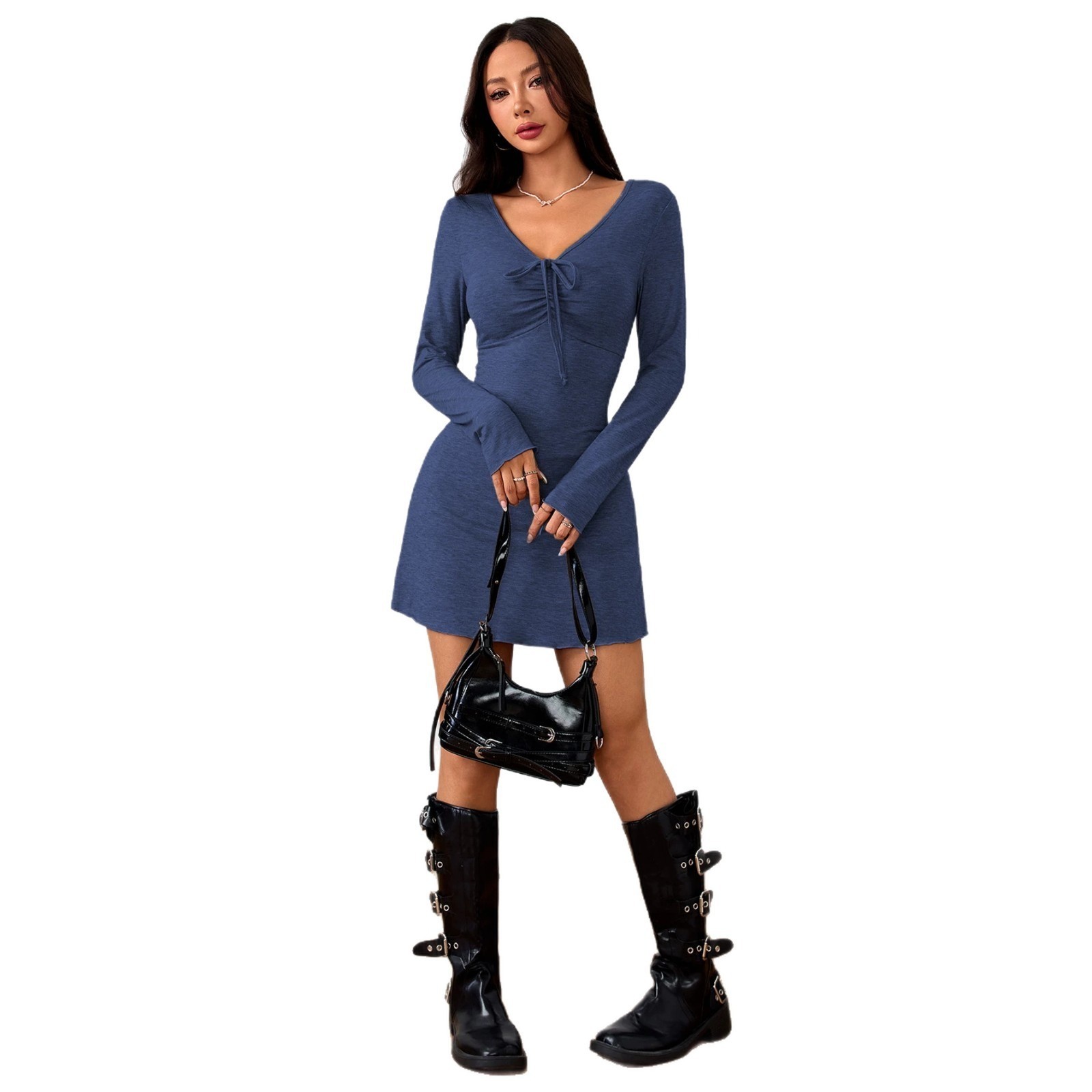 V Neck Ruched Drawstring Long Sleeve Bodycon Mini Dress S M L XL 3 Colors