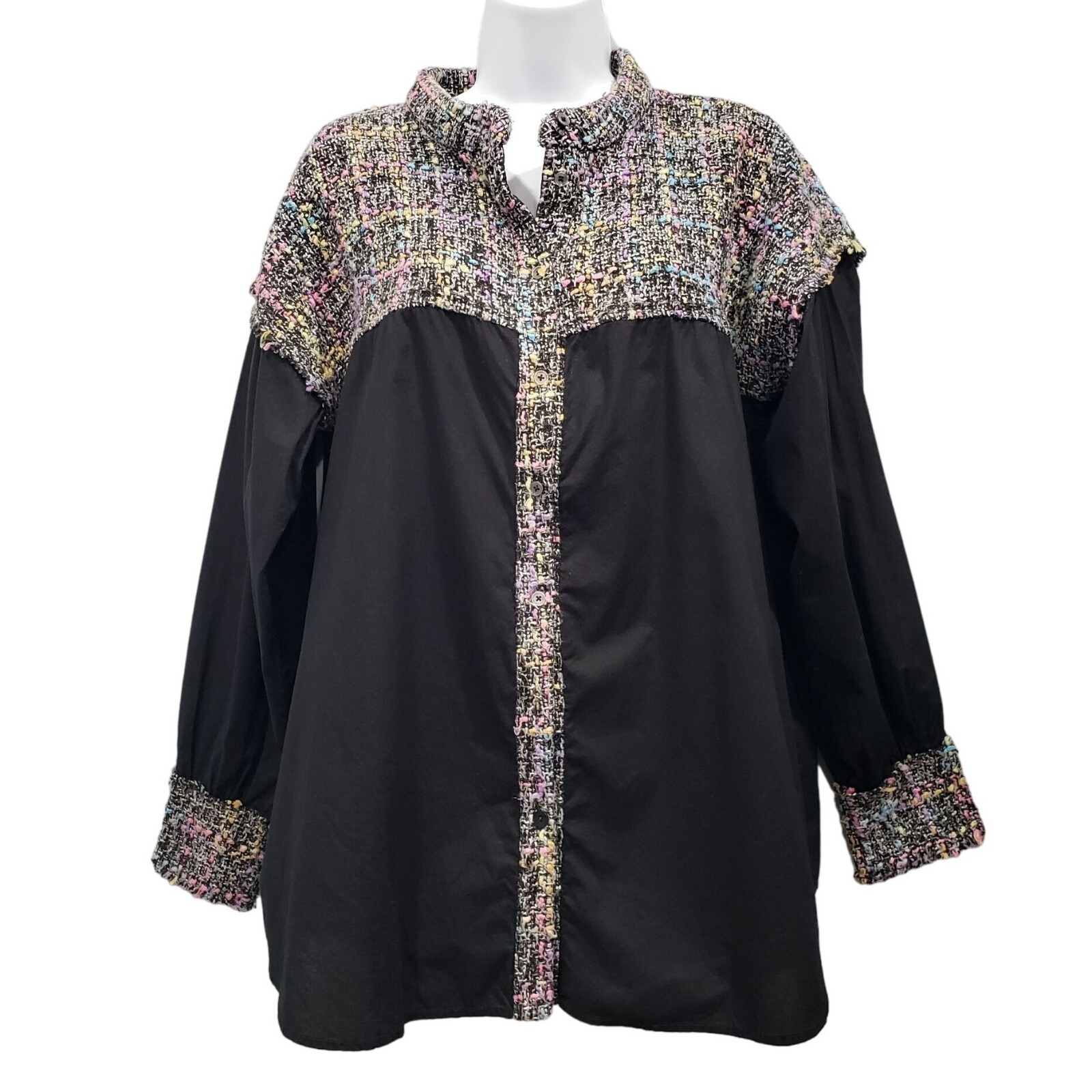 Ellelauri Womens L Button Up Shirt Long Sleeve Tweed Trim Black Office Retro